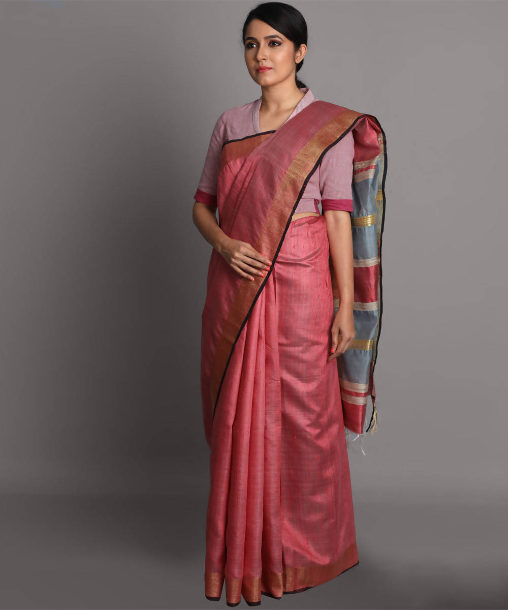 Peach pink handloom tussar silk saree