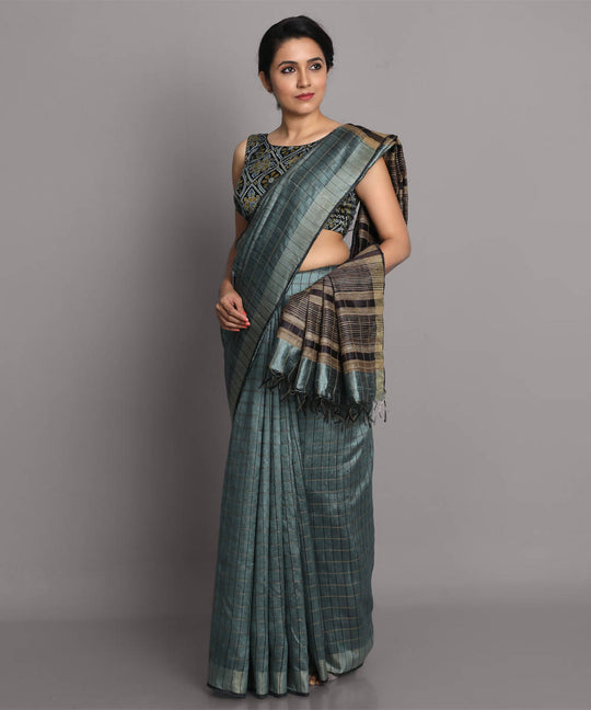 Blue grey handwoven tussar silk saree