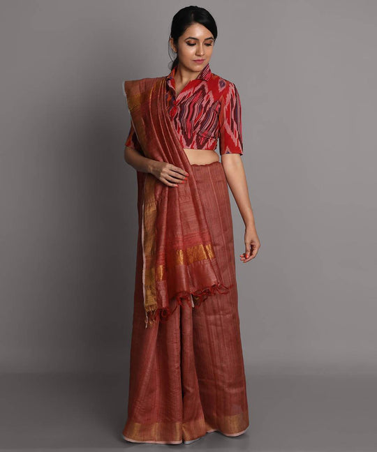 Brown handwoven tussar silk saree