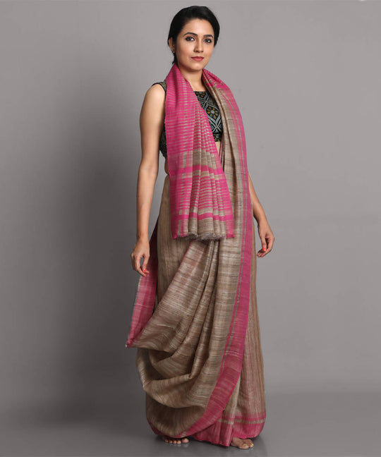 Beige and pink handwoven tussar silk saree