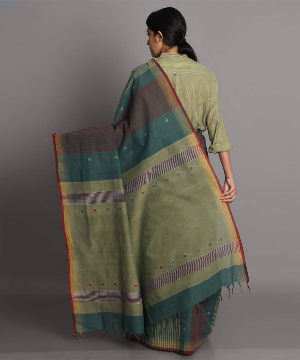 Olive green cotton jamdani handwoven saree