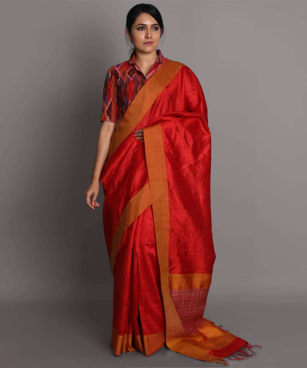 Red handwoven tussar silk saree