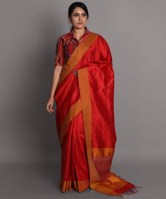 Red handwoven tussar silk saree