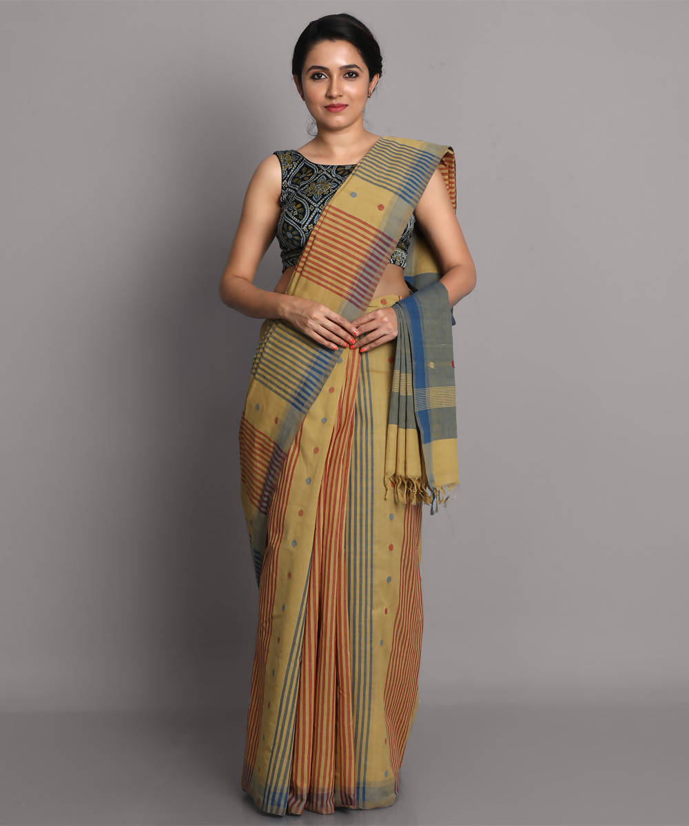 Beige blue jamdani cotton handwoven saree