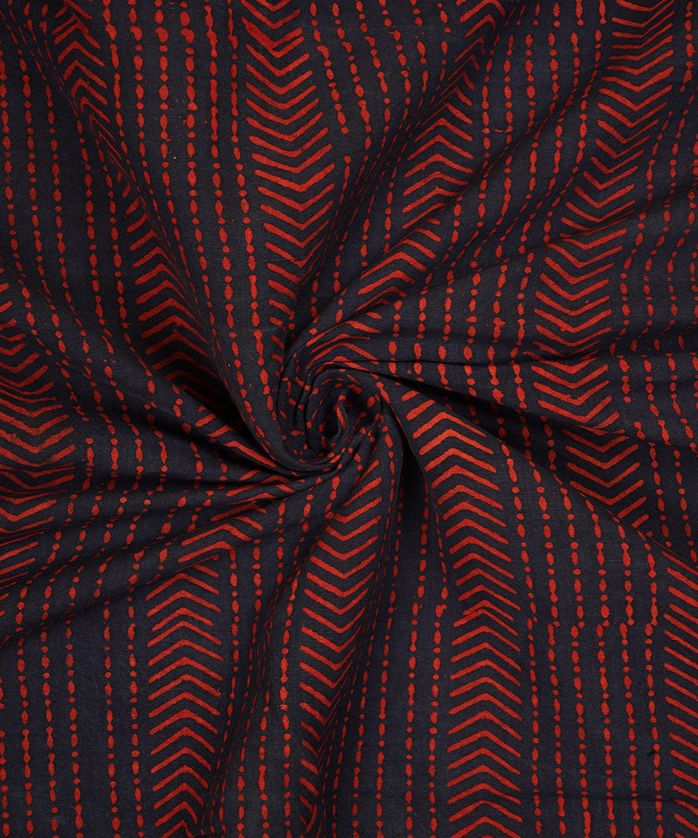 Blue red white hand block print cotton linen fabric