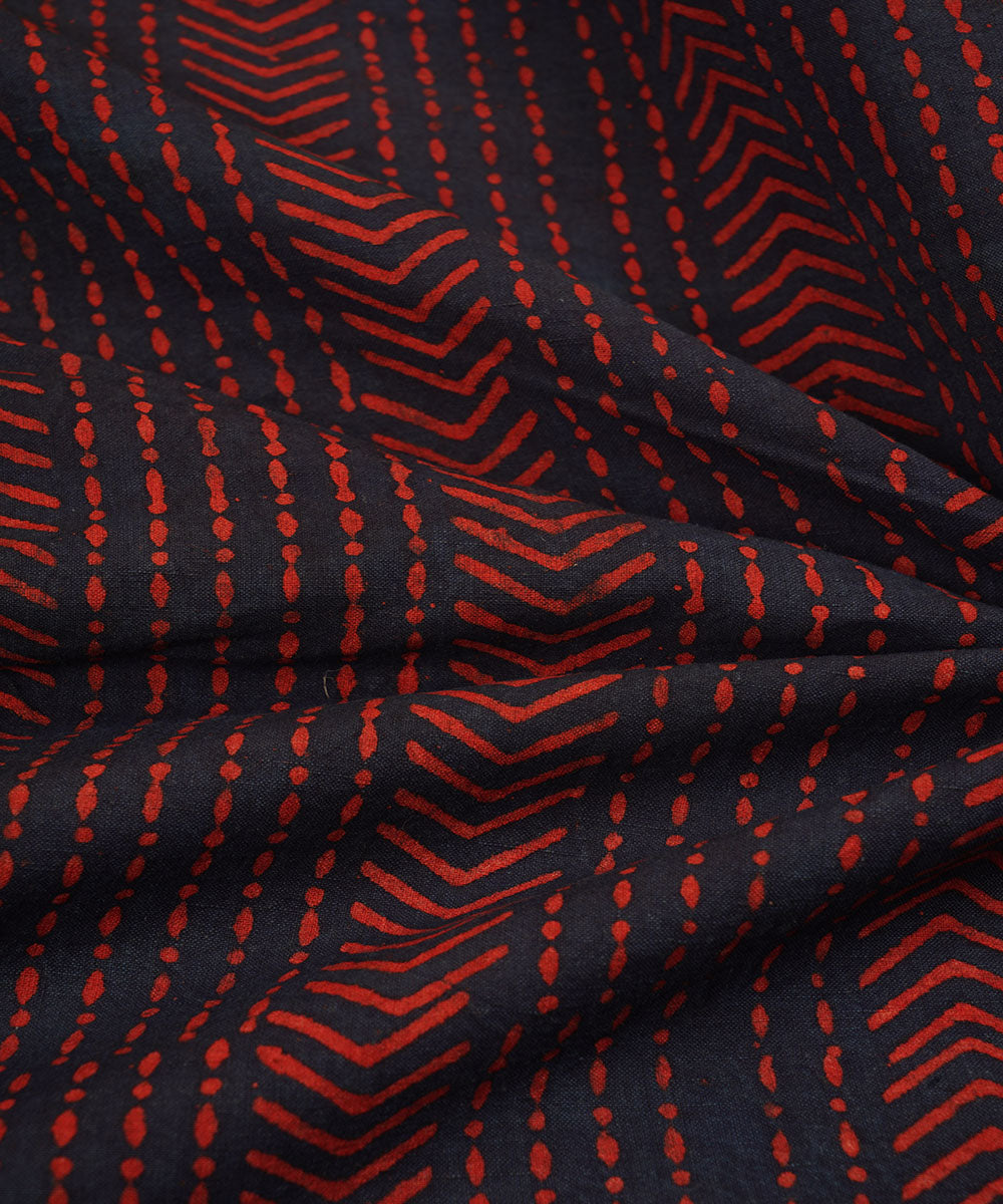 Blue red white hand block print cotton linen fabric