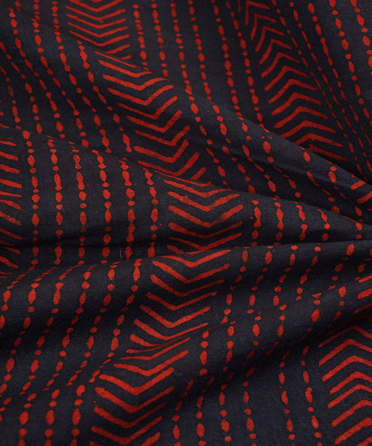 Blue red white hand block print cotton linen fabric