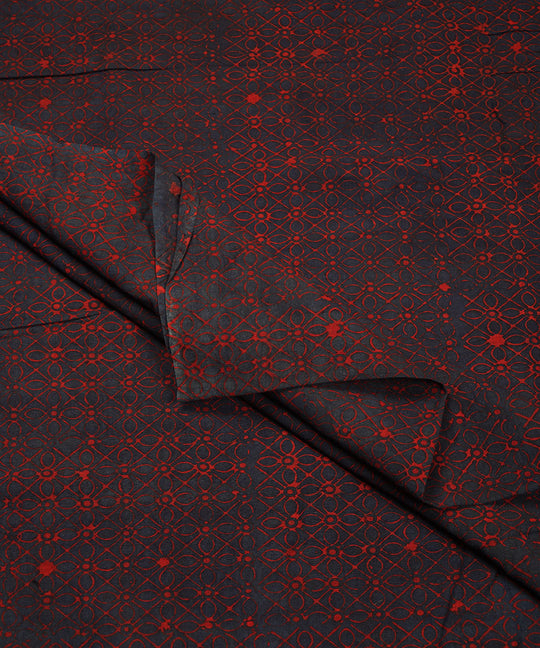 Blue red geometric floral hand block print cotton linen fabric