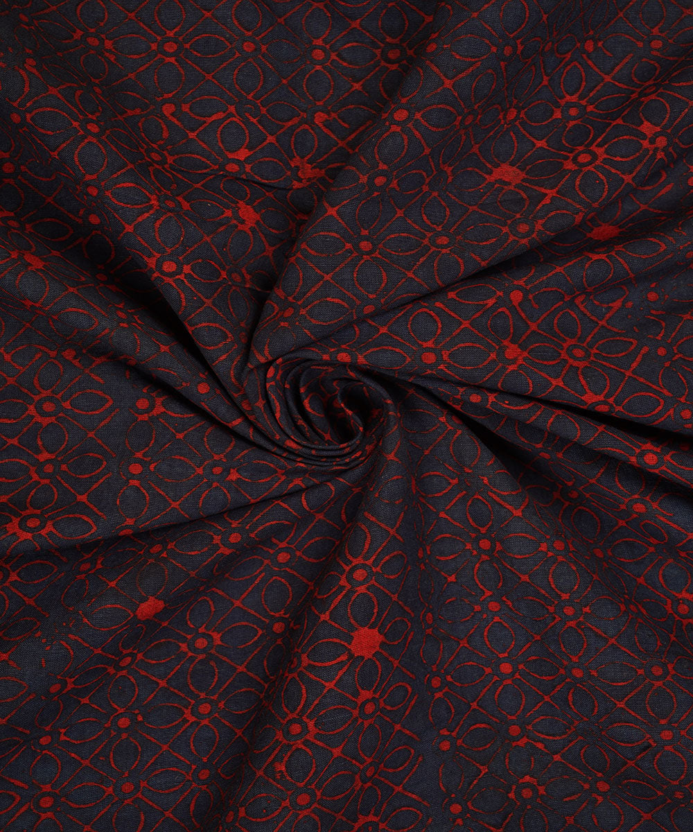 Blue red geometric floral hand block print cotton linen fabric
