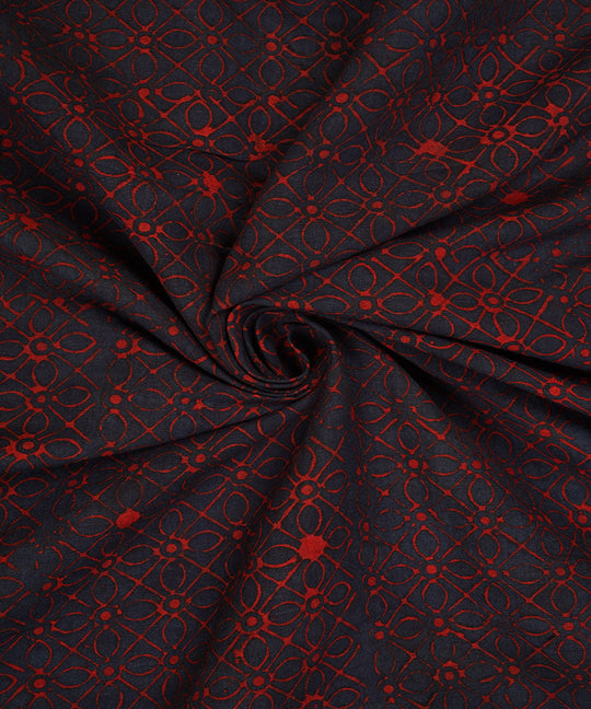 Blue red geometric floral hand block print cotton linen fabric
