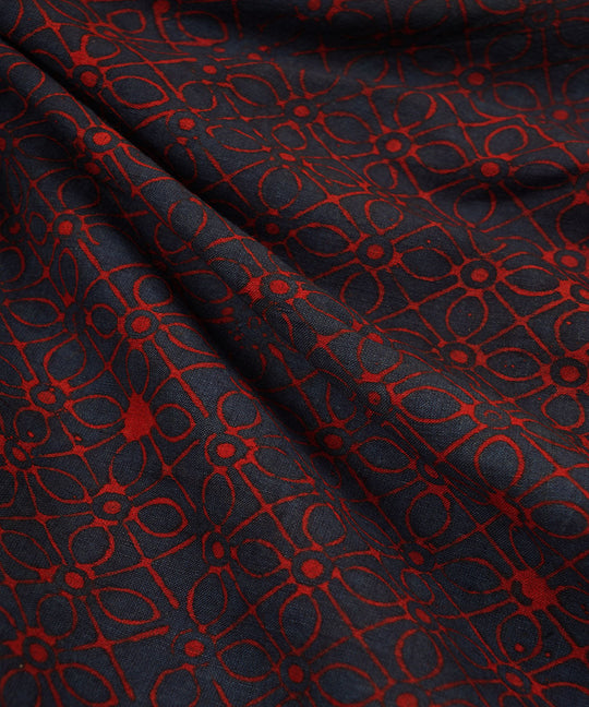 Blue red geometric floral hand block print cotton linen fabric