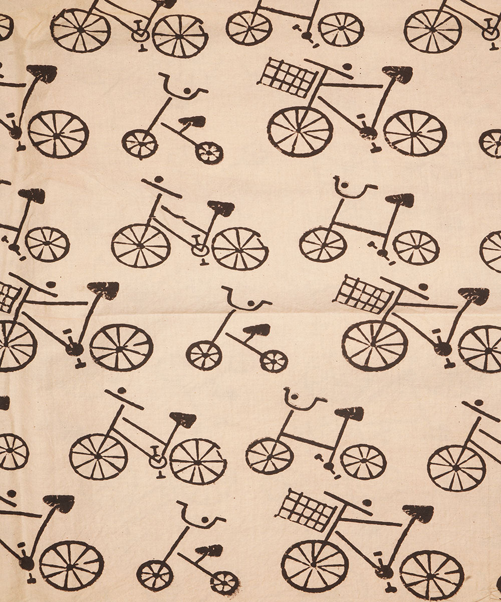 Off white black cycle design hand block print cotton linen fabric