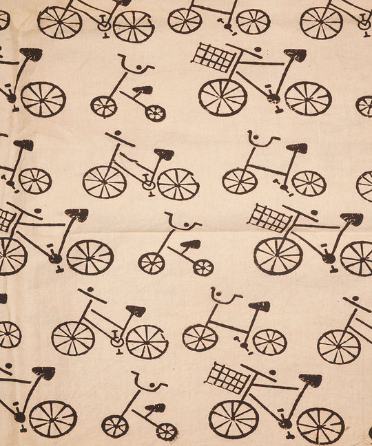 Off white black cycle design hand block print cotton linen fabric