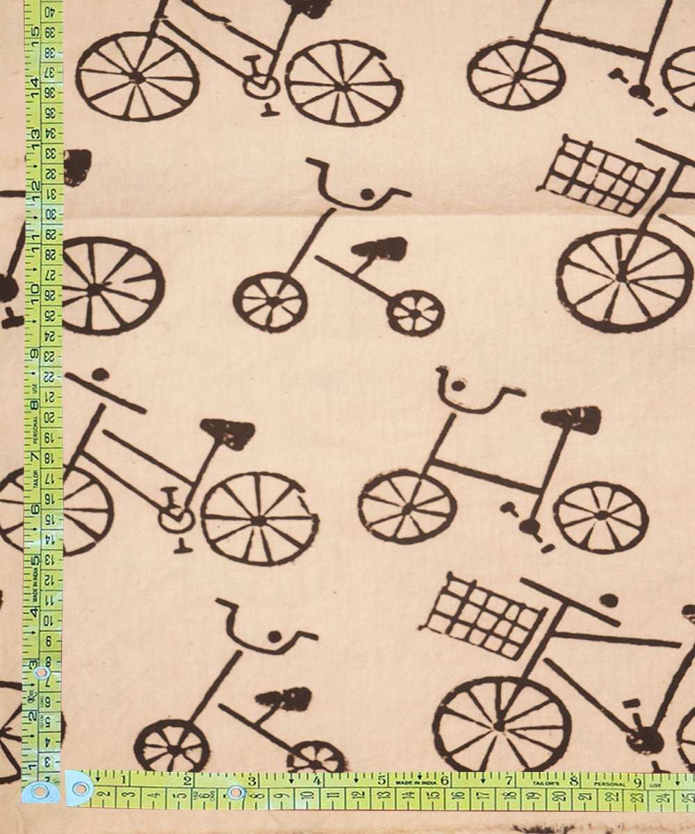 Off white black cycle design hand block print cotton linen fabric