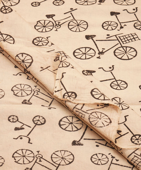 Off white black cycle design hand block print cotton linen fabric