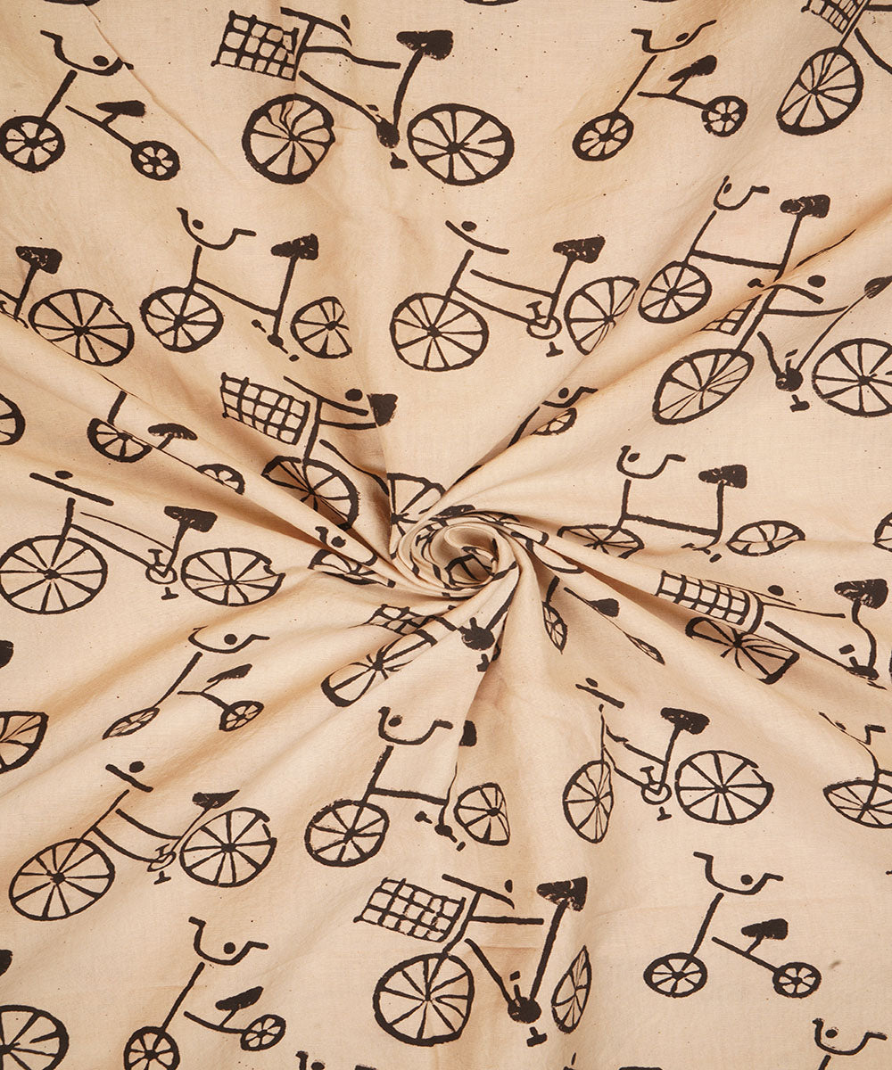 Off white black cycle design hand block print cotton linen fabric