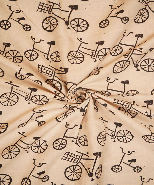 Off white black cycle design hand block print cotton linen fabric