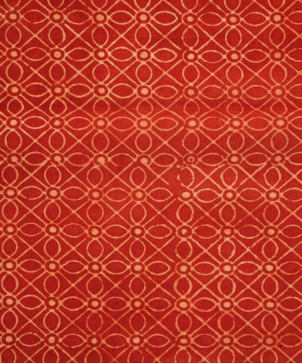 Red off white geometric floral hand block print cotton linen fabric