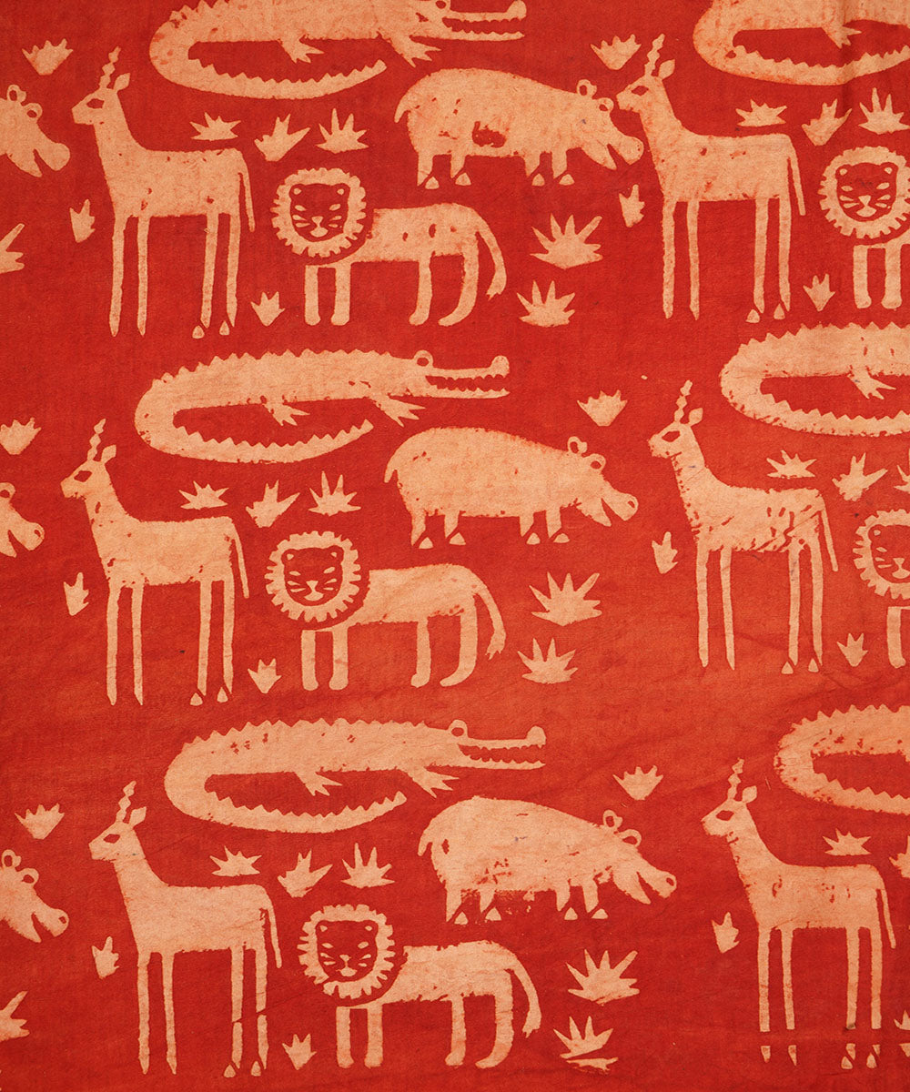 Red off white jungle design hand block print cotton linen fabric