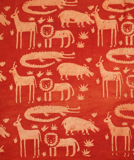 Red off white jungle design hand block print cotton linen fabric
