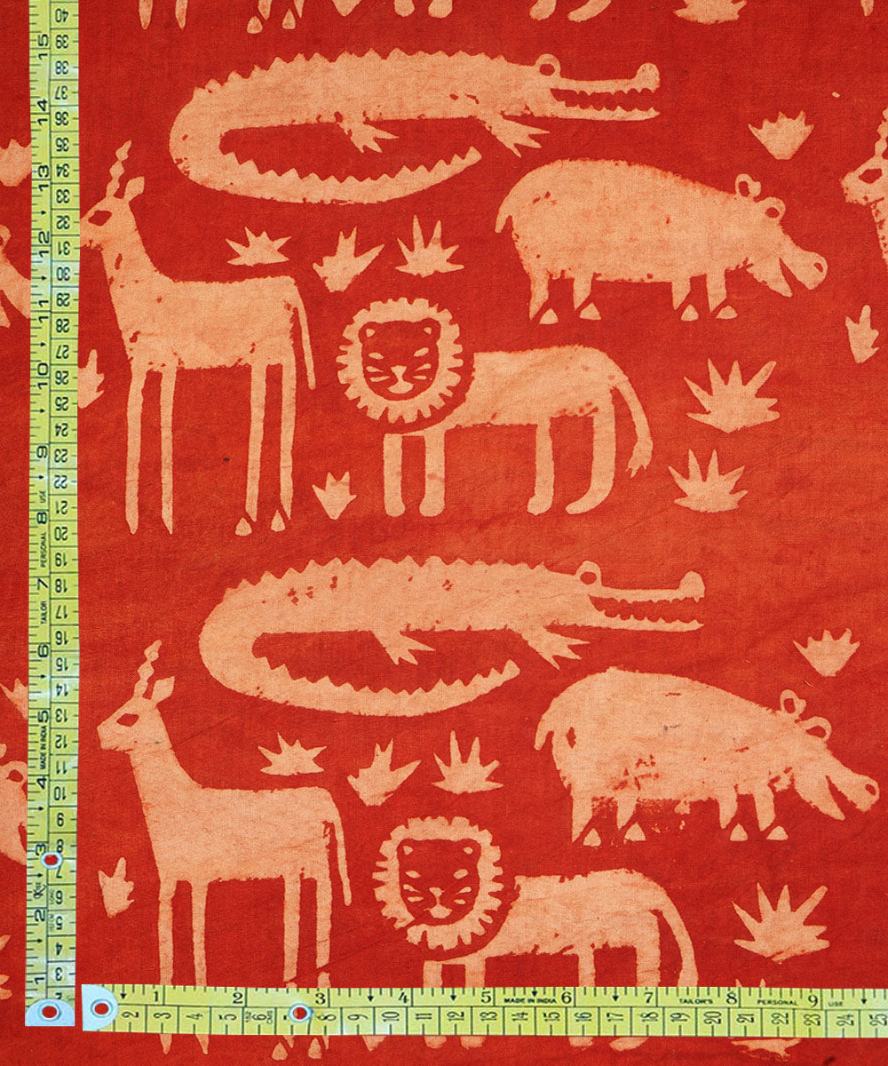 Red off white jungle design hand block print cotton linen fabric
