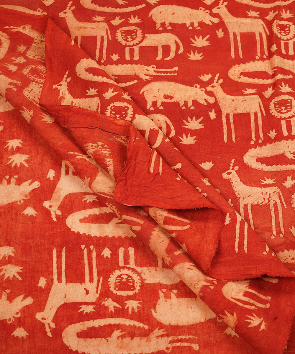 Red off white jungle design hand block print cotton linen fabric