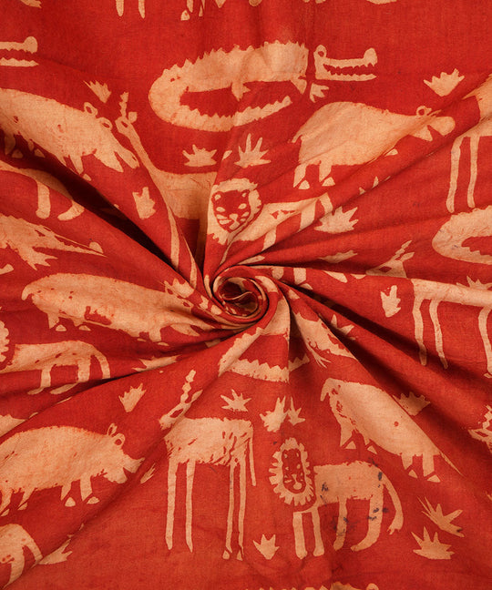 Red off white jungle design hand block print cotton linen fabric