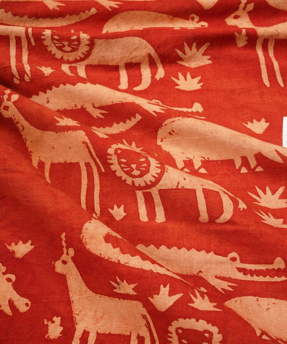 Red off white jungle design hand block print cotton linen fabric