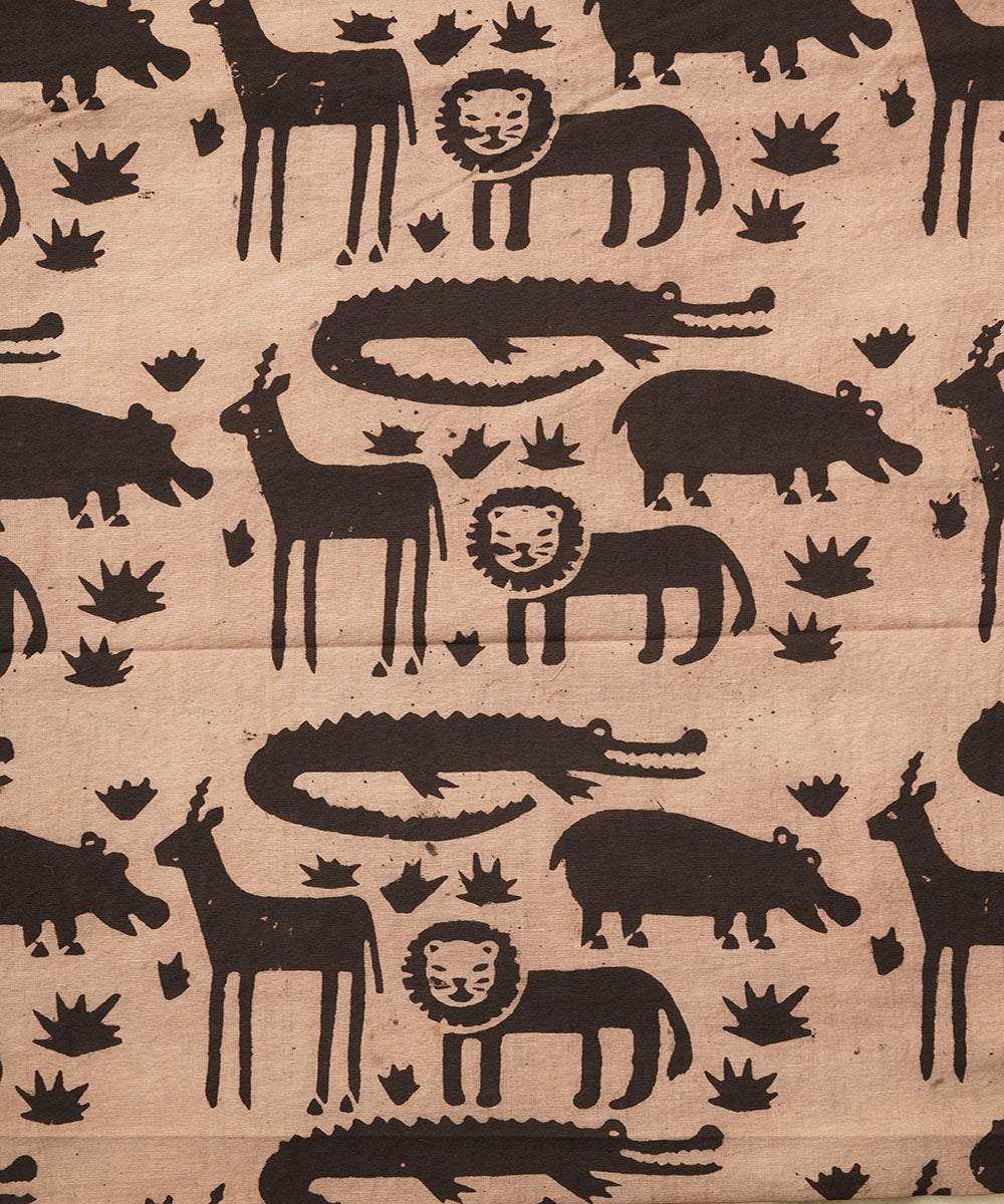 Off white black jungle design hand block print cotton linen fabric