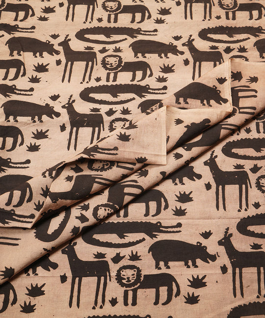 Off white black jungle design hand block print cotton linen fabric