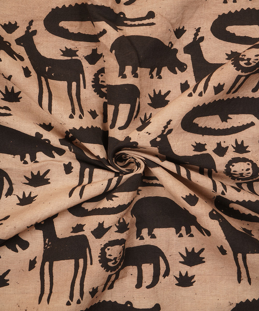 Off white black jungle design hand block print cotton linen fabric