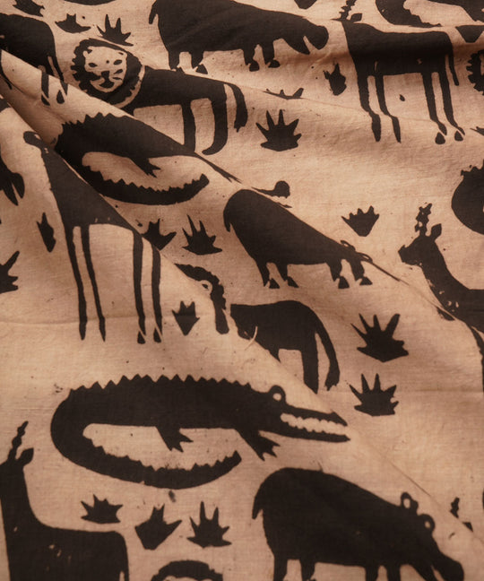 Off white black jungle design hand block print cotton linen fabric