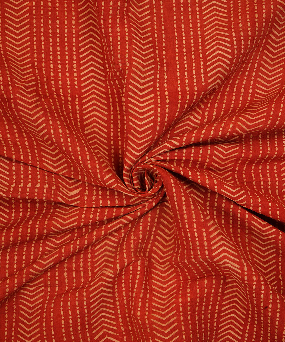 Red off white hand block print cotton linen fabric