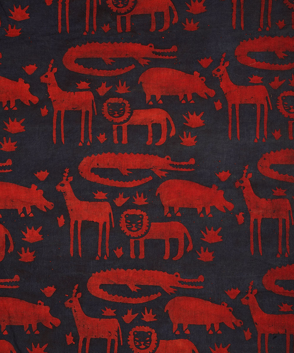 Red blue jungle design hand block print cotton linen fabric