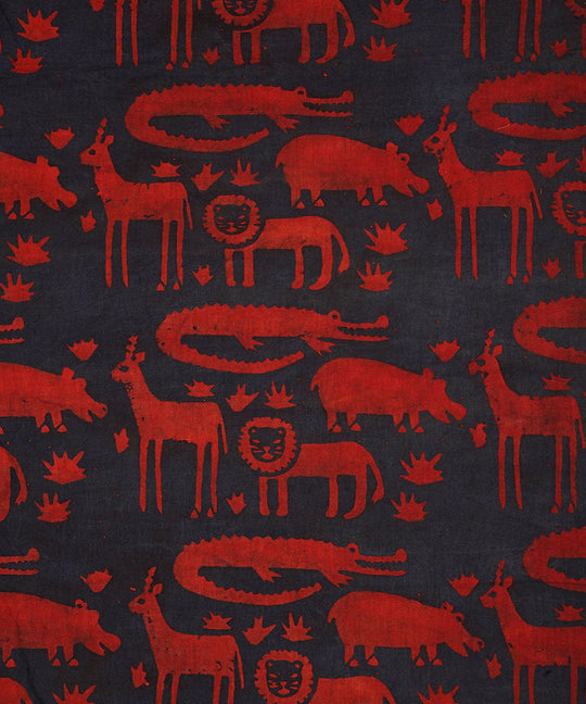Red blue jungle design hand block print cotton linen fabric