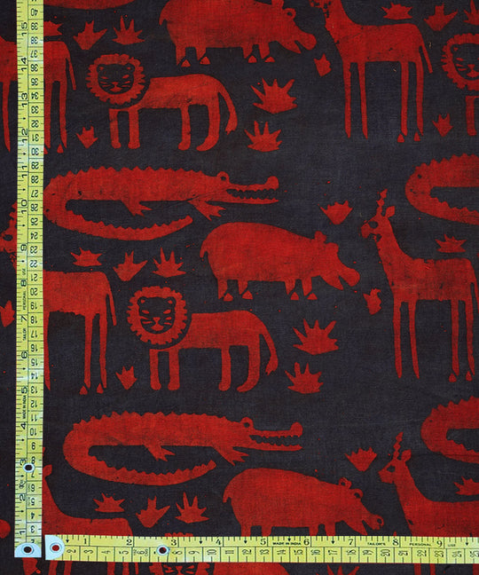 Red blue jungle design hand block print cotton linen fabric