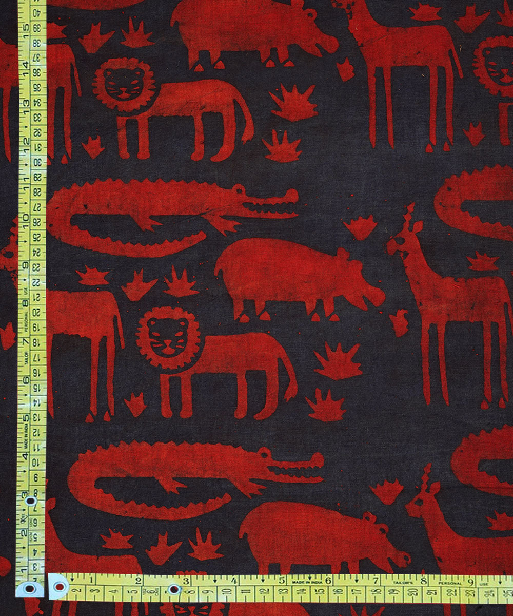 Red blue jungle design hand block print cotton linen fabric