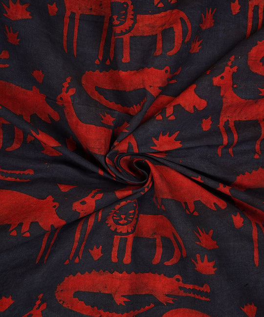 Red blue jungle design hand block print cotton linen fabric