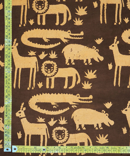 Black off white jungle design hand block print cotton linen fabric