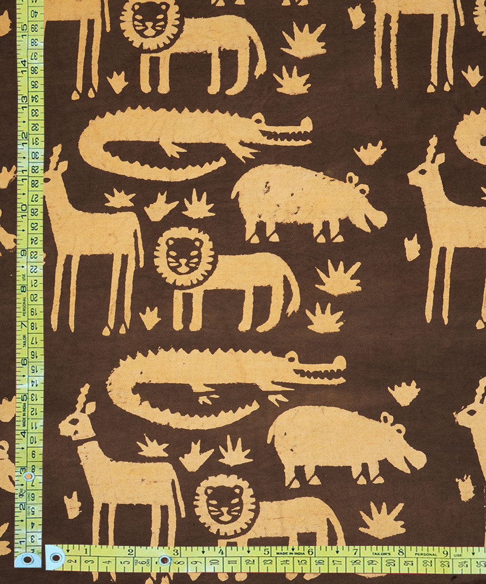 Black off white jungle design hand block print cotton linen fabric