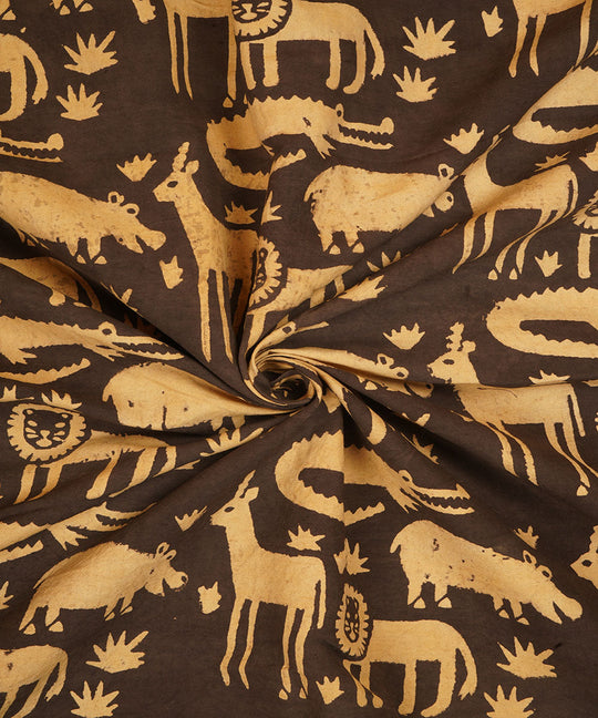 Black off white jungle design hand block print cotton linen fabric