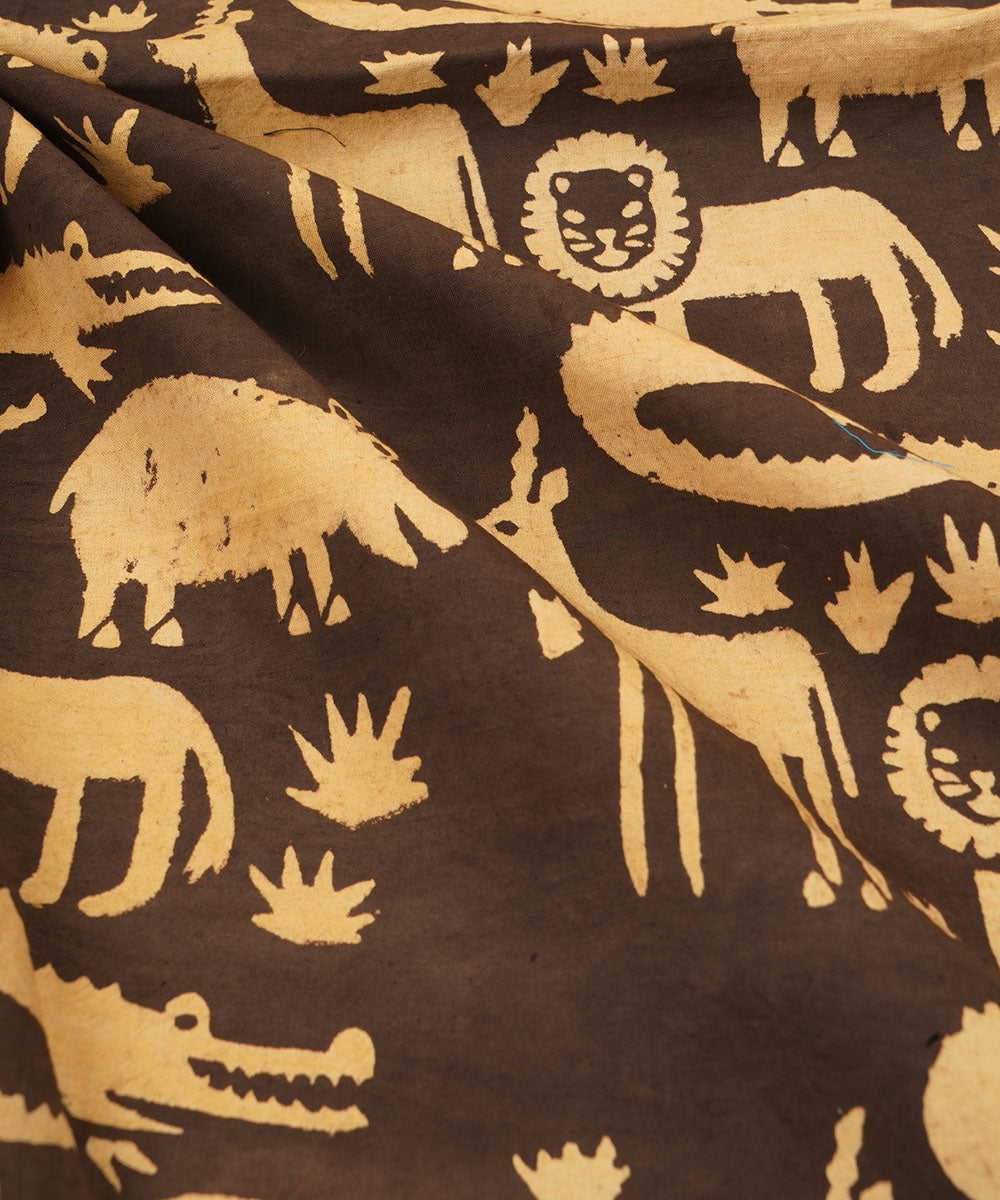 Black off white jungle design hand block print cotton linen fabric