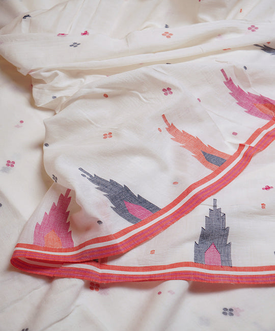 White hand loom bengal cotton border design jamdani fabric