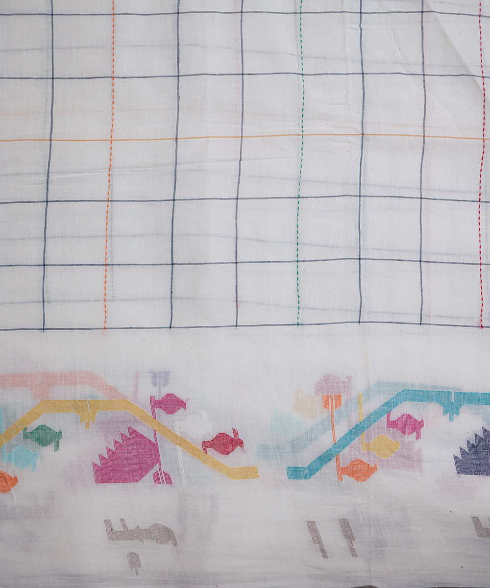 White handloom checks bengal cotton border design jamdani fabric
