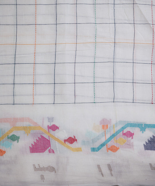 White handloom checks bengal cotton border design jamdani fabric