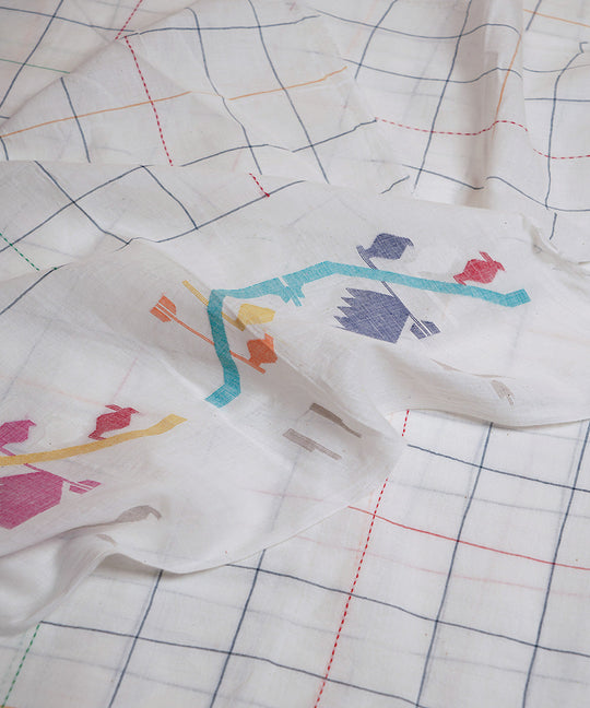 White handloom checks bengal cotton border design jamdani fabric