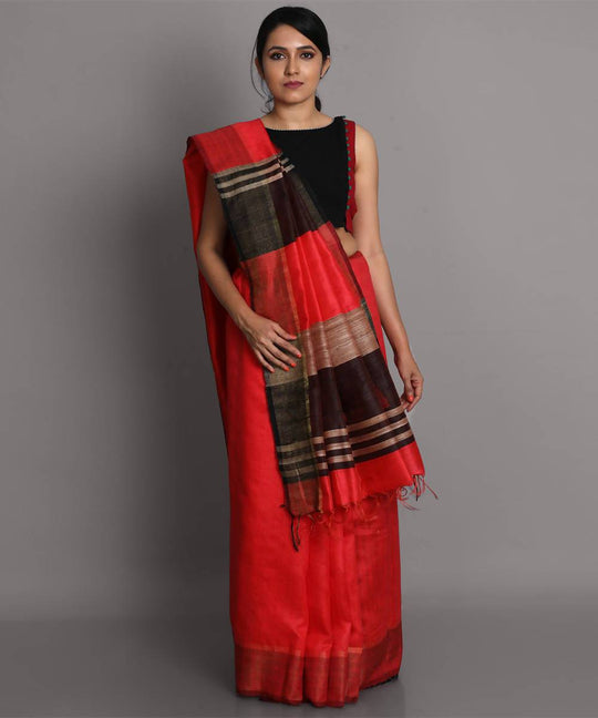 Red orange handwoven tussar silk saree