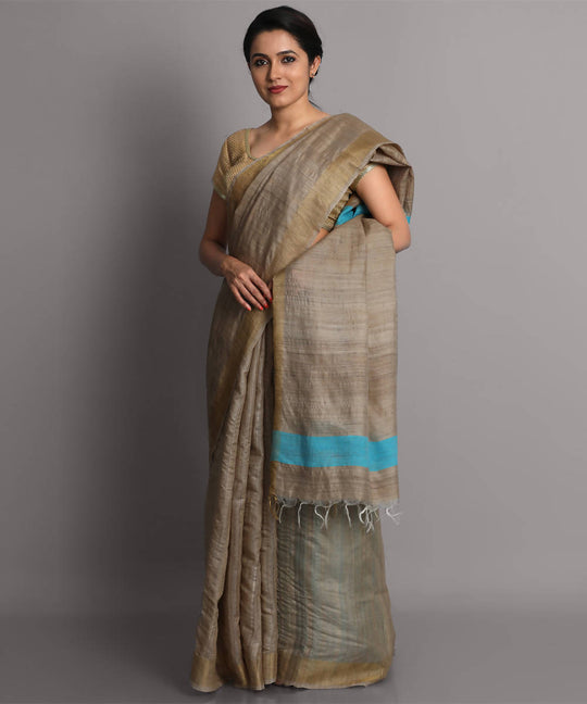 Beige brown handwoven tussar silk saree