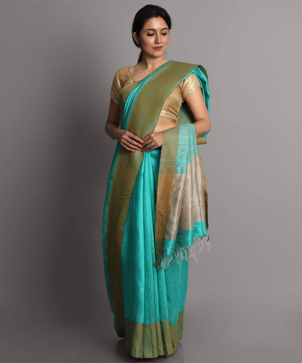 Aqua blue handwoven tussar silk saree
