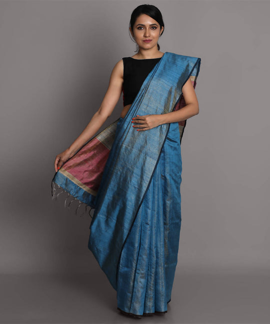 Blue handwoven tussar silk saree